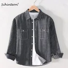 Мужская джинсовая рубашка Schinteon, рубашка в полоску с длинными рукавами, осенняя рубашка с отложным воротником, 100% хлопок