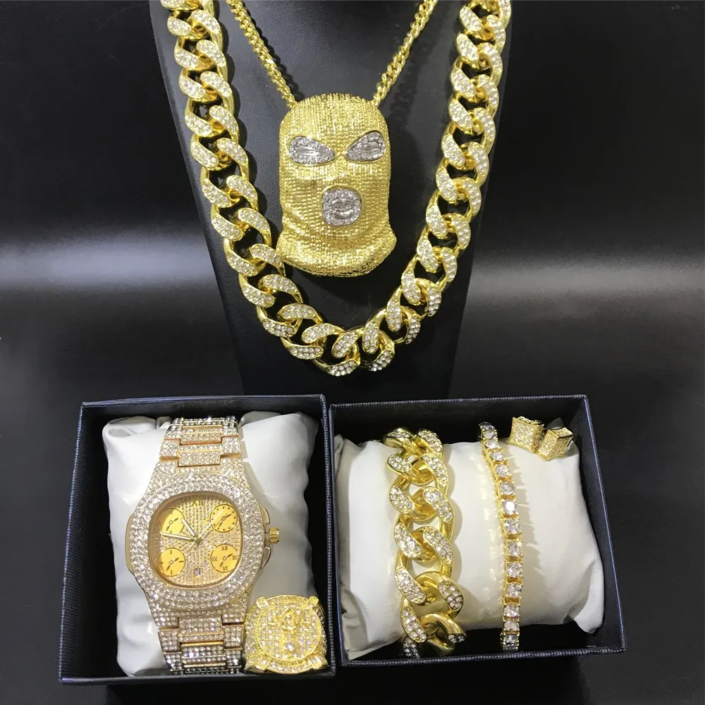 

Luxury Men Gold Color Watch & Braclete & Ring & Earrings Combo Set Ice Out Cuban Crystal Miami Neckalce Chain Hip Hop For Men