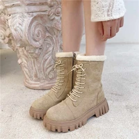 womens boots winter leisure warm fur ankle boots womens lace round toe snow boots military shoes zapatos de mujer