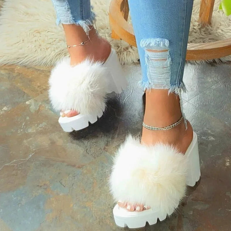 miaoguan 2021 Women Furry Sandals Ladies Shoes Cute Plush Fluffy Sandals thick bottom Faux Fur Outdoor Slippers Warm Homewear
