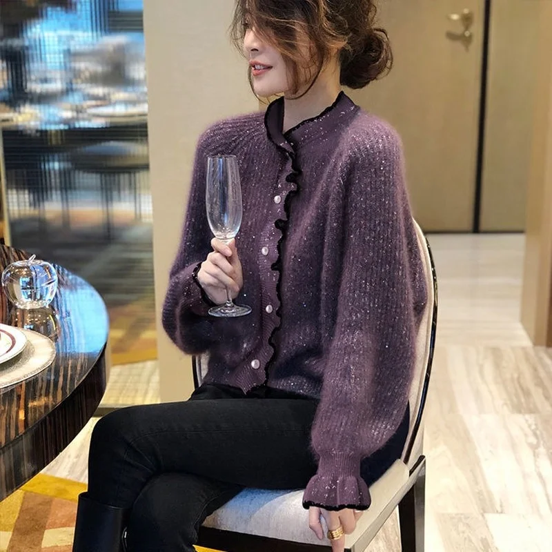 

Purple Thicken Knitted Women Sweater Cardigan Winter New 2021 Ruffles Loose Elegant Office Lady Outwear Coats Tops