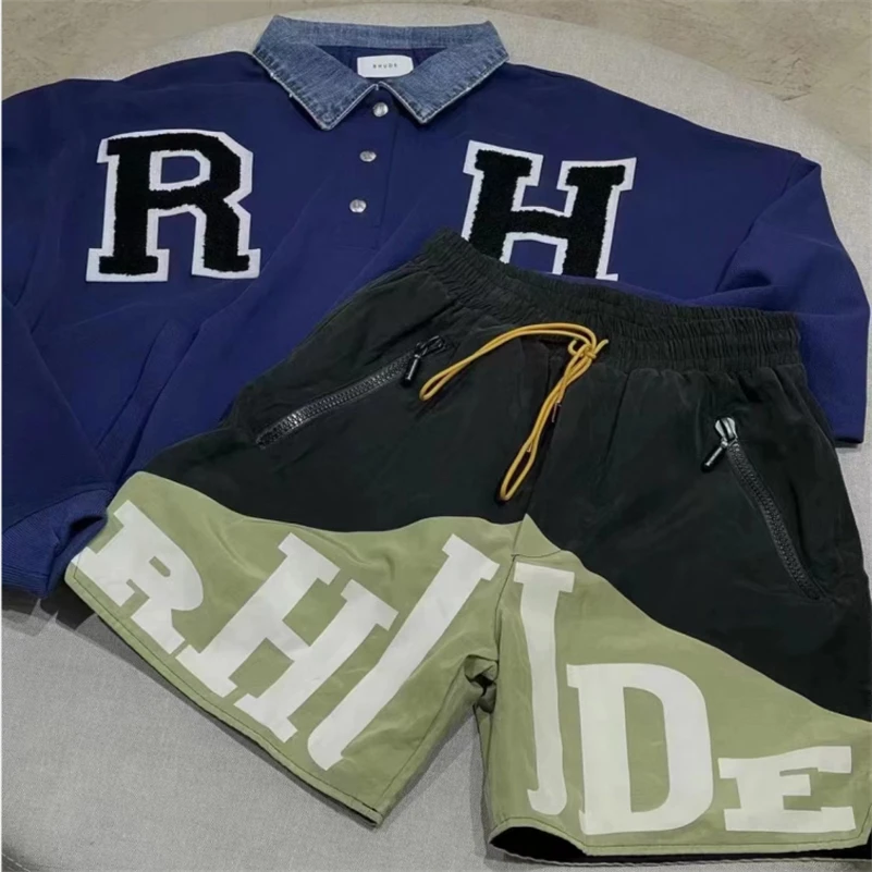 

RHUDE Shorts Men Women High Quality Drawstring Breechcloth Large Letter Sign Rhude Basketball Shorts Splicing Color Matching