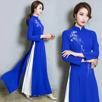 spring summer qipao women dress royal blue patchwork tight dress women korean casual fake two retro hedging women long dresses