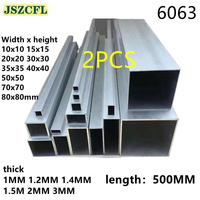 2PC 6063 Aluminum square pipe 10-80mm thick 1mm/1.2mm/1.4mm/2mm/3mm Rectangular aluminum tube profile for decoration length 500M