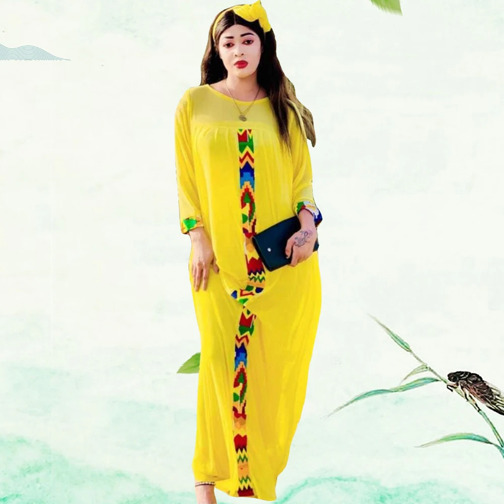 Модные женские африканские платья Abayas с новейшим рисунком и круглым вырезом