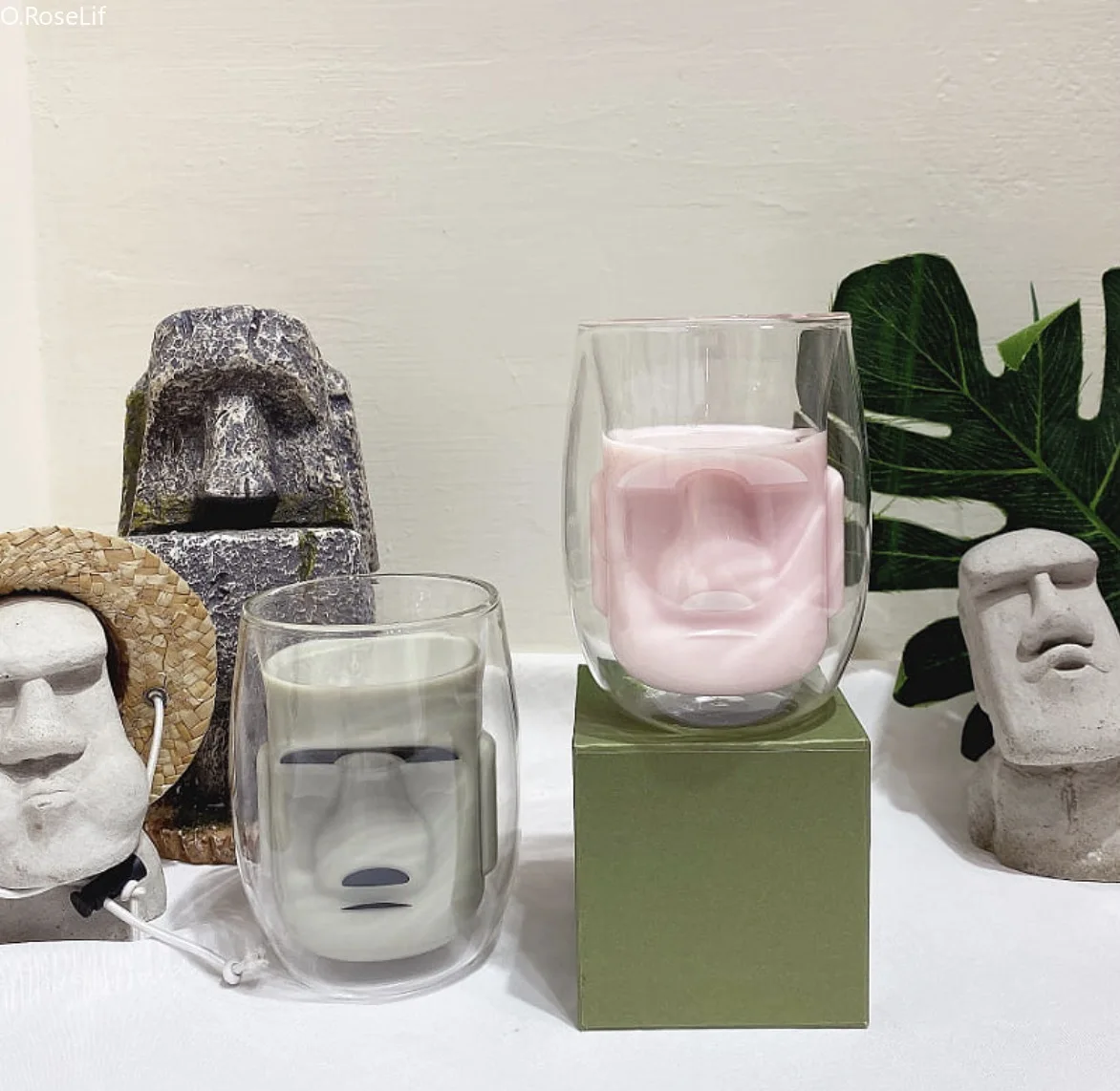 

Каменное лицо острова Пасхи Moai, креативная стеклянная двойная чашка, для гостиной, с изображением каменной кладки, декоративная чашка