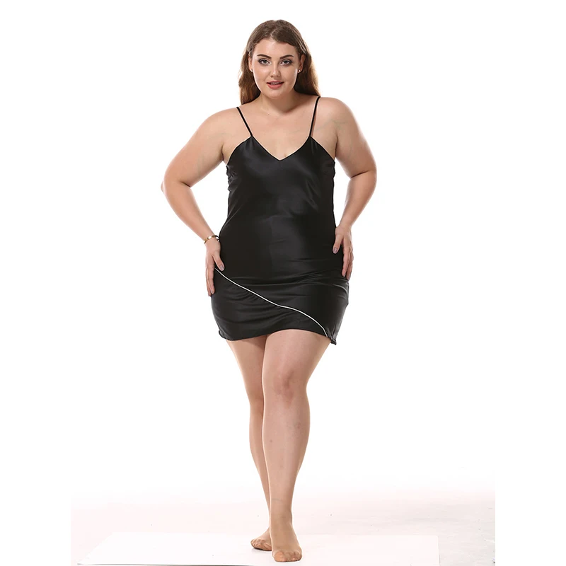 Черная атласная шелковая ночная рубашка женская большого размера имитация шелка