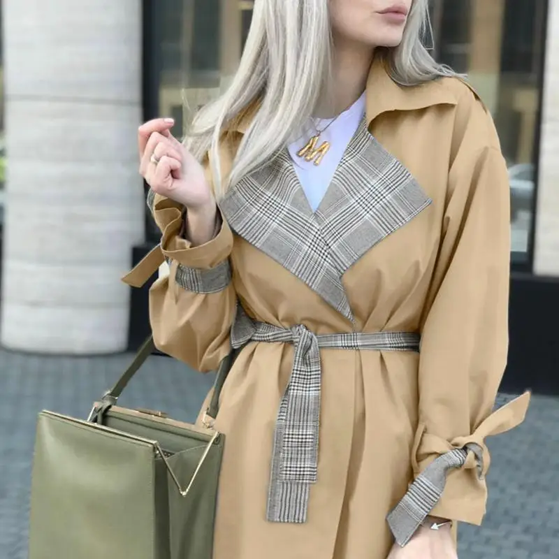 Куркума элегантный Тренч хаки Пальто осеннее зимнее пальто женское повседневное