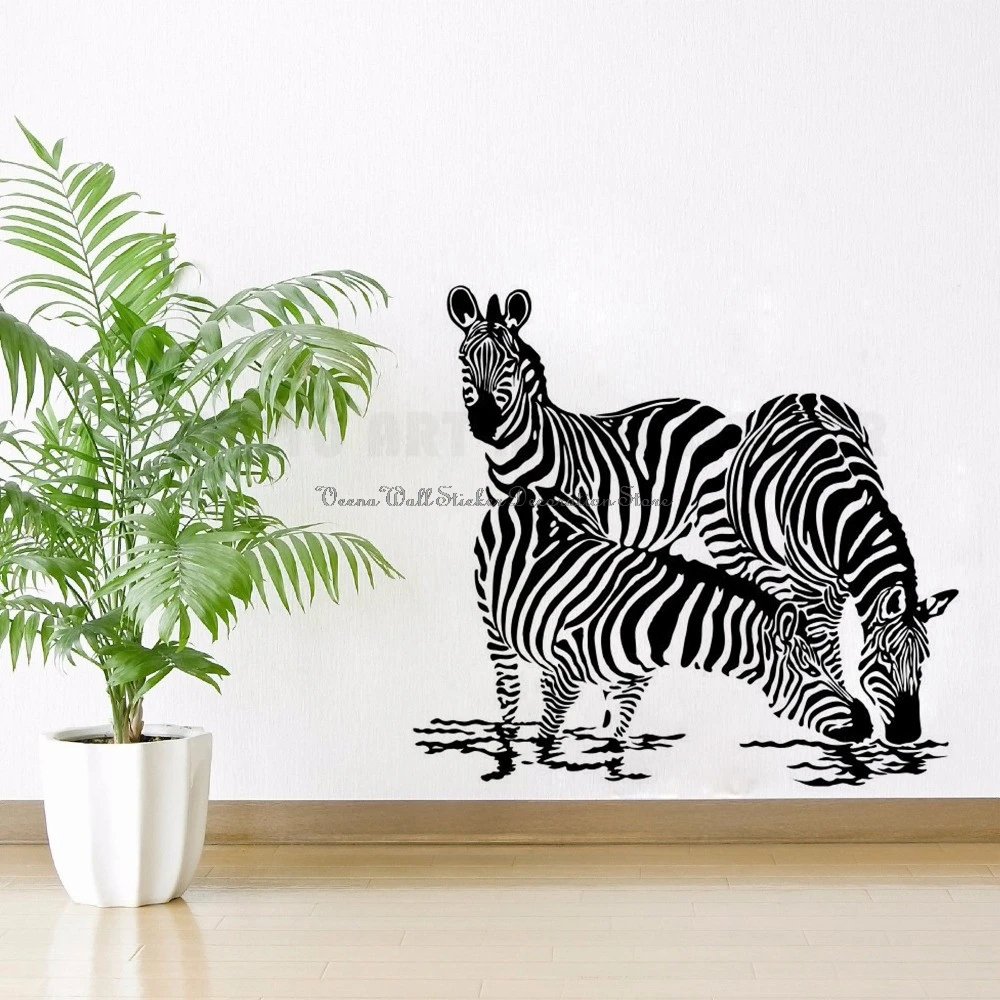 

African Animals Wall Decal Zebras Drinking Water Silhouettes Wall Sticker Home Decor Jungle Wild Animal Wall Mural D1