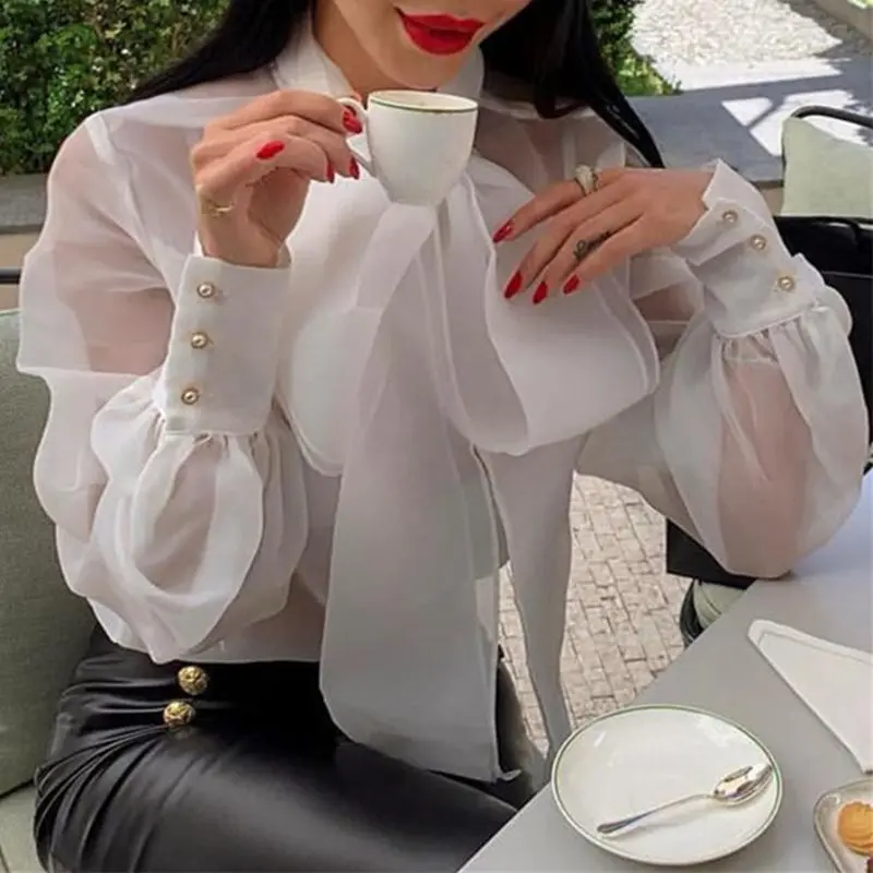 Elegant Office Ladies Turtleneck Bowknot Mesh Blouse Shirt White Women Vintage Puff Long Sleeve Sexy Transparent Party Tops | Женская