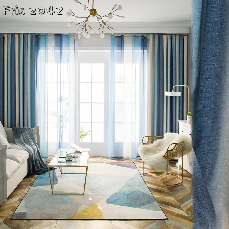 

Fresh Nordic Style Beige Blue Gradient Blackout Curtains Finished Custom Curtains for Living Dining Room Bedroom