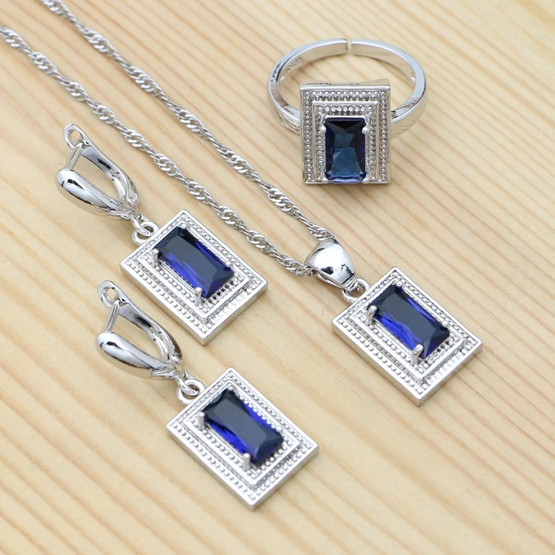 925 Silver Bridal Jewelry Set Sapphire Earrings Open Ring Pendant Necklace for Women Wedding Square Jewelry гвоздики set of thai silver square 925