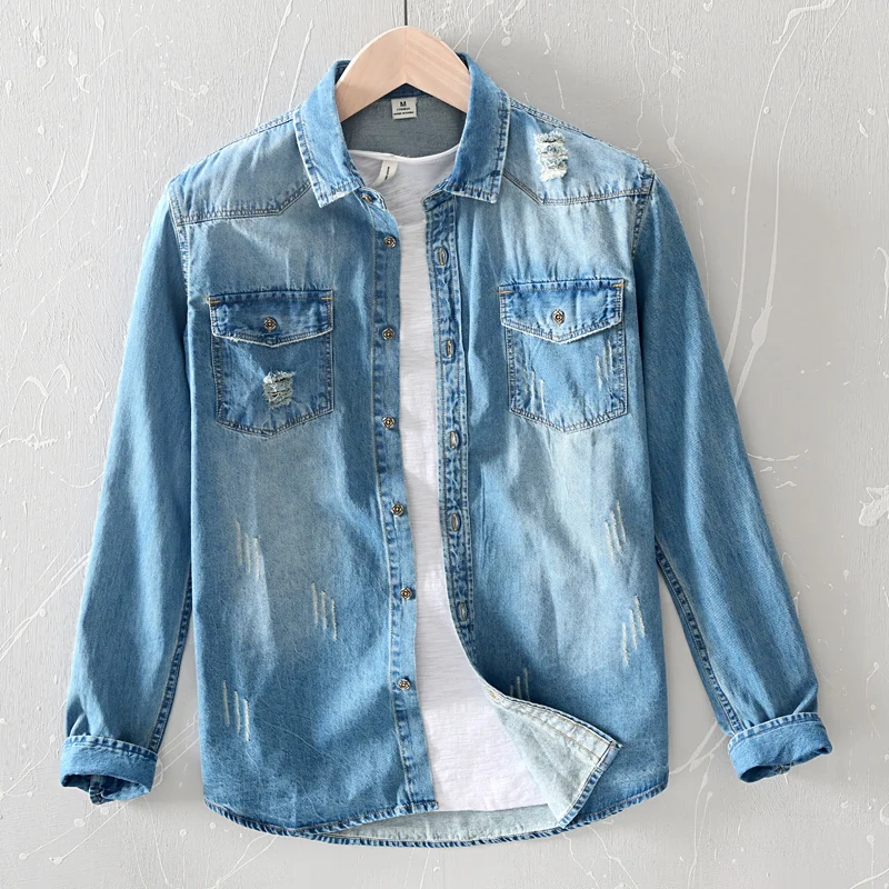 

Джинсовая рубашка мужская рваная, хлопок, уличный стиль, модная джинсовая рубашка с длинным рукавом, цвет синий/черный, весна