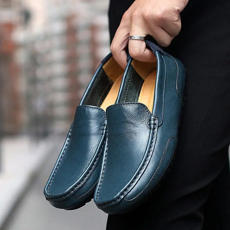 

2021 Summer Cowhide Leather Shoes Pea Shoes Men's Driving Lightweight Loafers Casual Shoes plus Size
