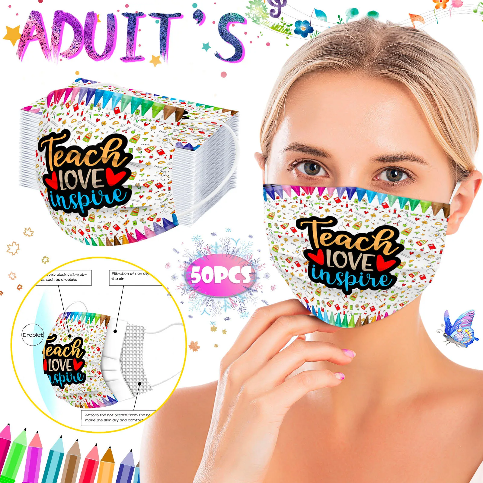 Маски одноразовые односторонние Для взрослых сертифицированные фильтры синие 50