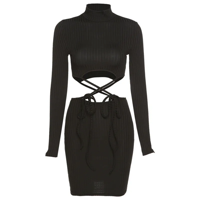 

Sexy Dress Women 2021 Spring Summer Europe America Round Neck Long-sleeved Hollow Slim Hip Dresses Feminina LR1050