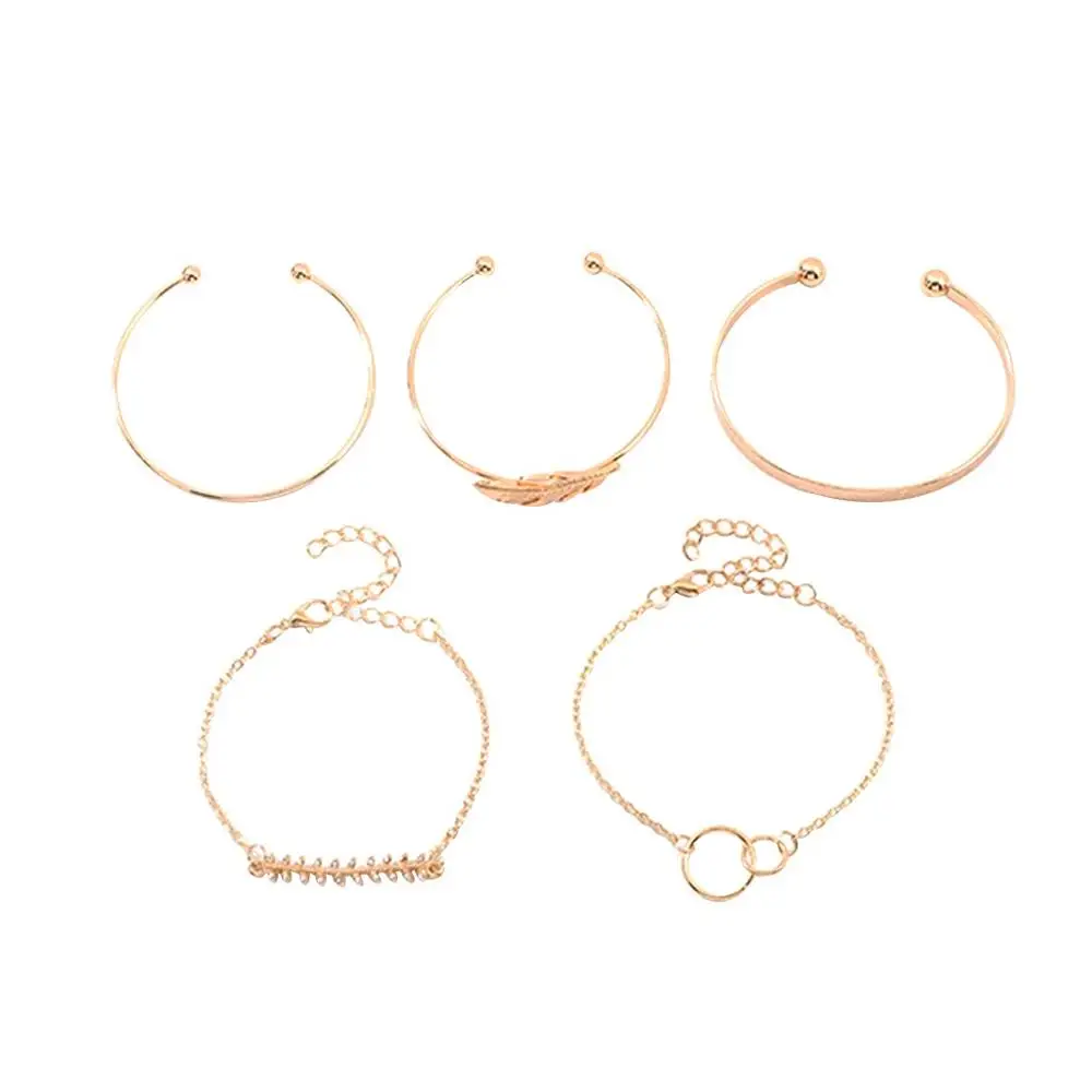 Platform Hot Sale Gold Metal Leaf Bracelet Classic Ring 5 Piece Set Female jade bracelet bangles браслет женский #3N28 |
