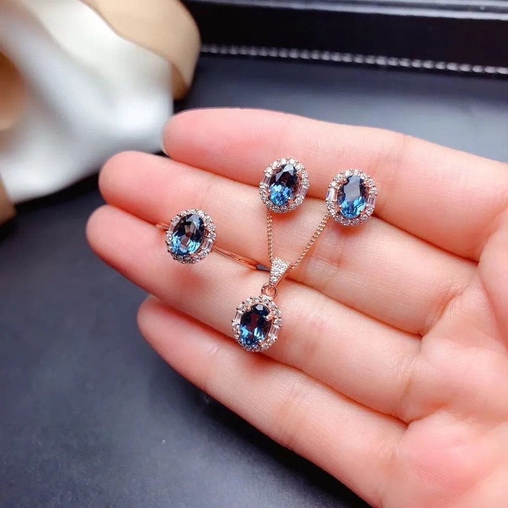 

MDINA Natural London Blue Topaz Ring Necklace Pendant Stud Earrings Three-Piece Set Lady Dark Blue Gem Engagement