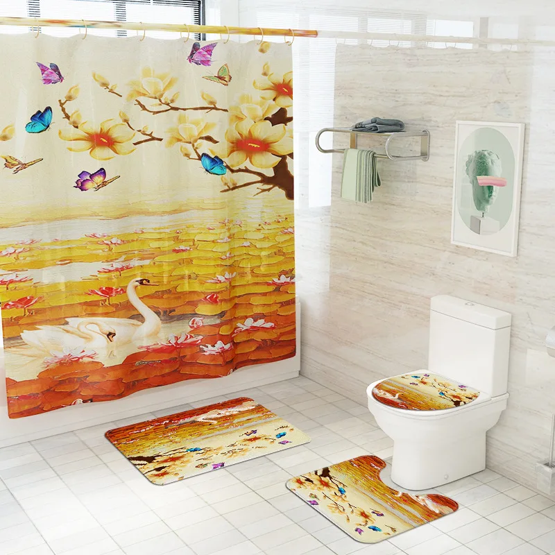 

Живописные печатных Ванная комната ковролин коврик для ванной комнаты Душ Шторы комплект сиденье для унитаза крышка коврики водопоглощени...