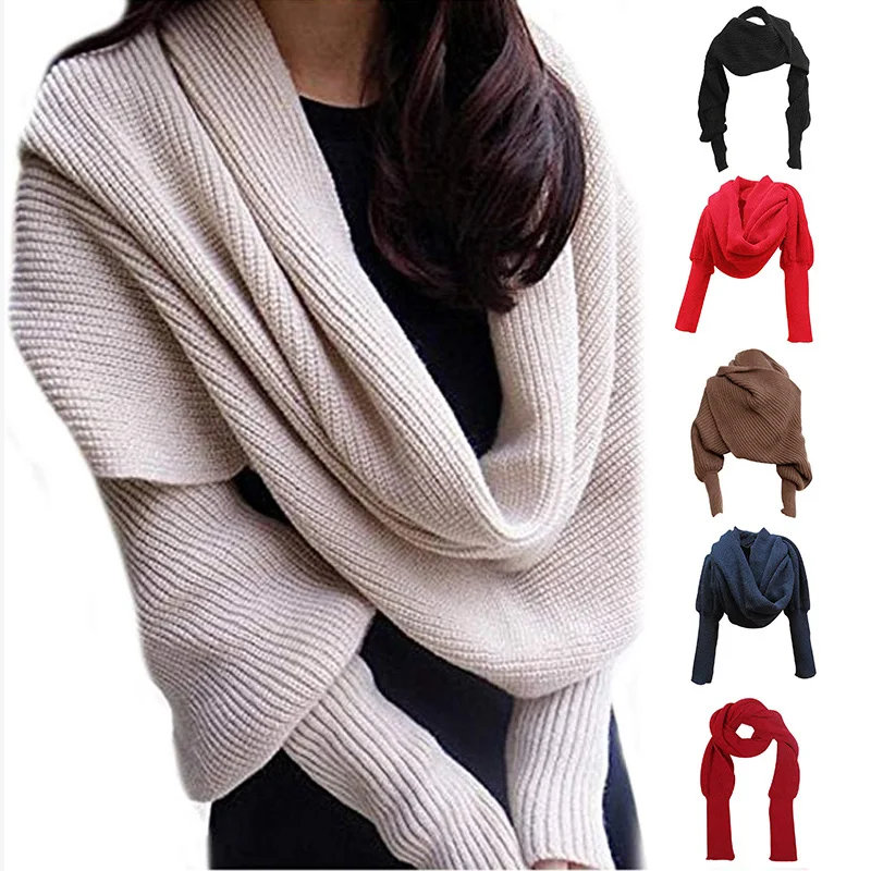 

New Arrival Unisex Fashion Knitted Scarf with Sleeves Long Wraps Shawls for Winter Autumn