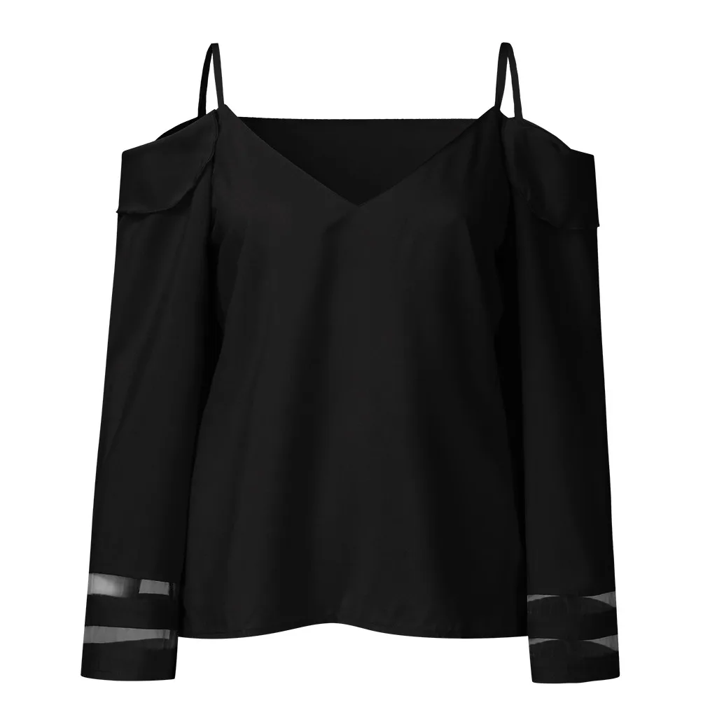 Feitong Sexy Blouse Women Off Shoulder Top Mesh Panel Blouse 3/4 Bell Sleeve Loose Streetwear Top Shirt Women Clothes
