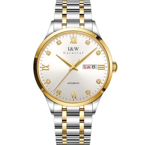 Швейцарские Модные мужские нарядные часы I & W с автоматической подсветкой, сапфировым стеклом, двойным календарем, светящиеся водонепроницаемые часы для мужчин