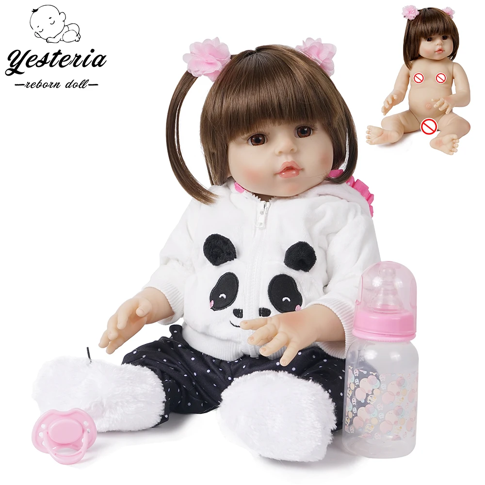 

45 см реалистичные Reborn Bebe кукла девочка игрушки длинные волосы Playmate подарки для детей Полный Силиконовые Винил Тела белая одежда с пандами