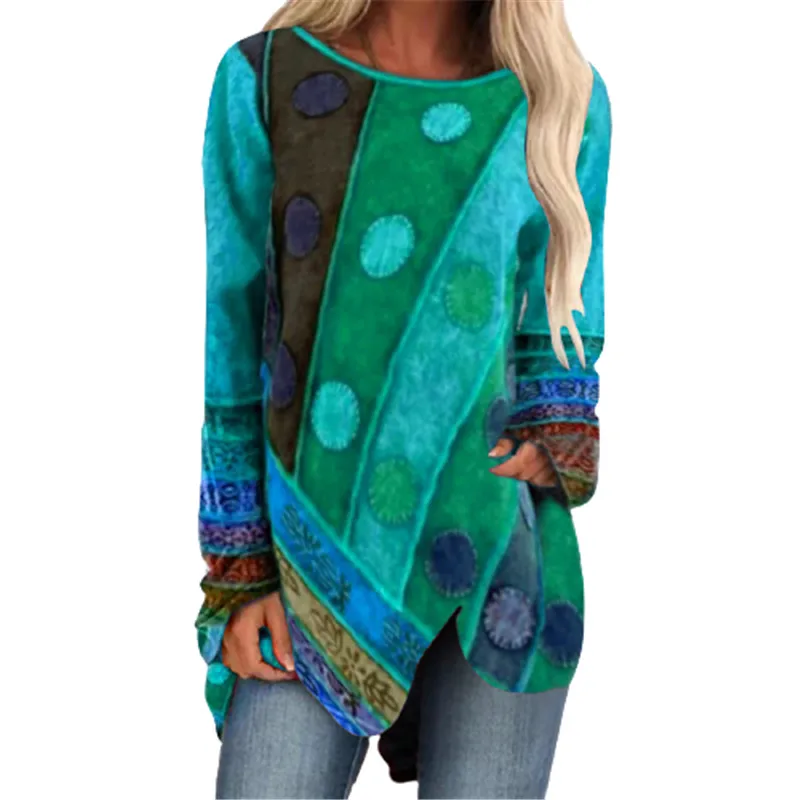

Retro Irregular Dot Printed Long Sleeve Women T Shirt 2021 Spring Autumn Casual Loose Large Size 5XL Wild Personality Ladies Tee
