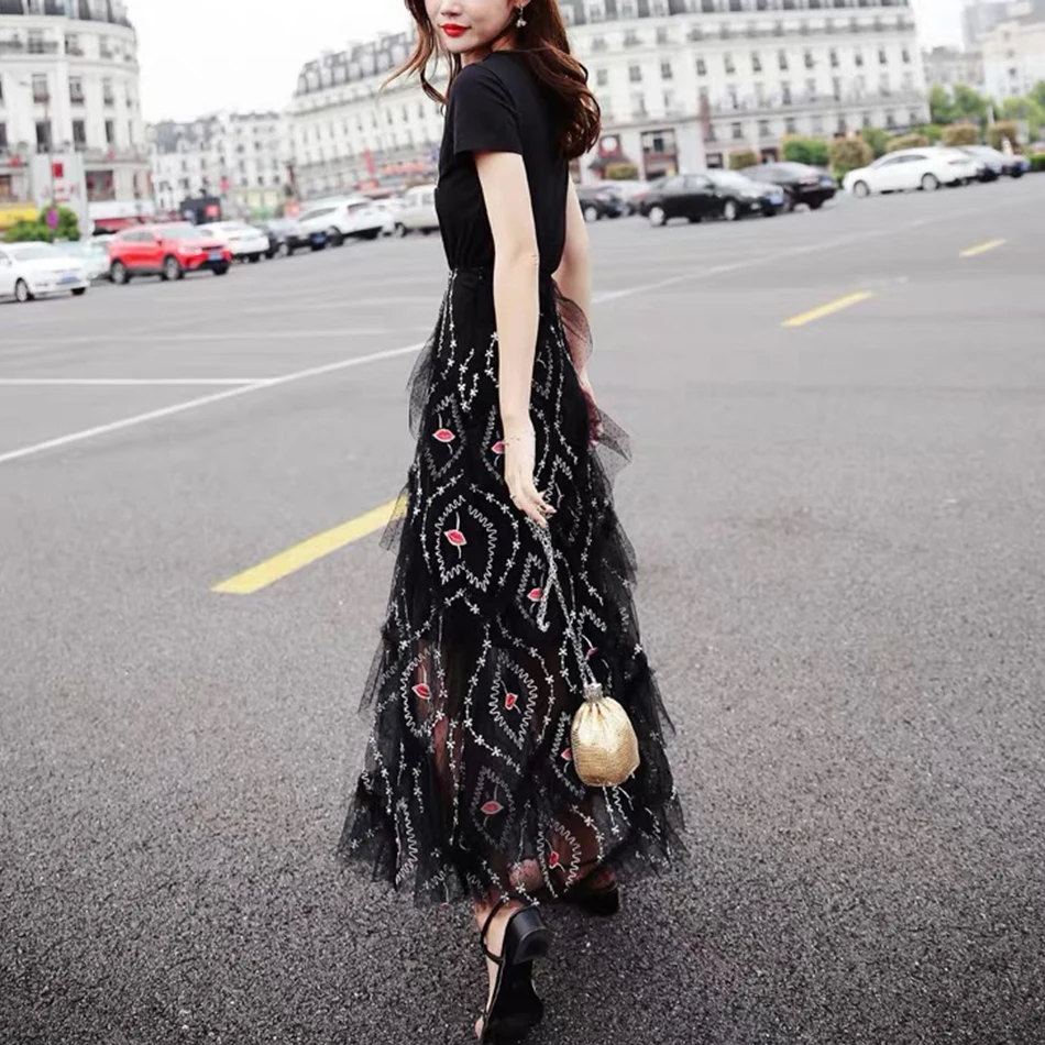 Женская длинная юбка Ailigou черная сетчатая с цветочной вышивкой лето 2021 | одежда