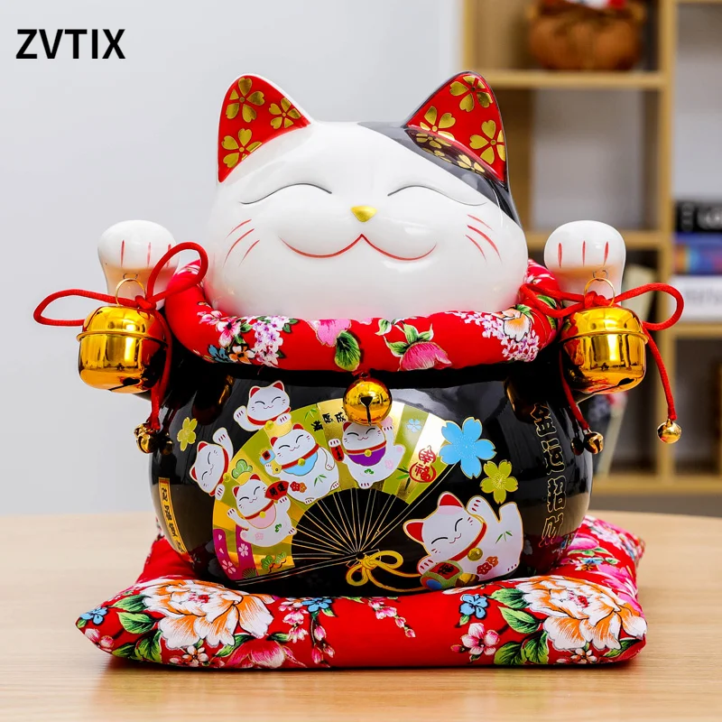 

Manki Neko Ceramic 10-inch, Statue Of Lucky Cat Black Porcelain Fortune Box Fengshui Money Home Decoration Piggy Bank Sculpture