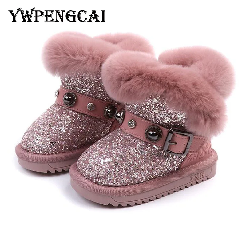 

YWPENGCAI, размер 21-36, зимние ботинки для маленьких девочек, с блестками, толстые теплые зимние ботильоны из кроличьего меха для девочек