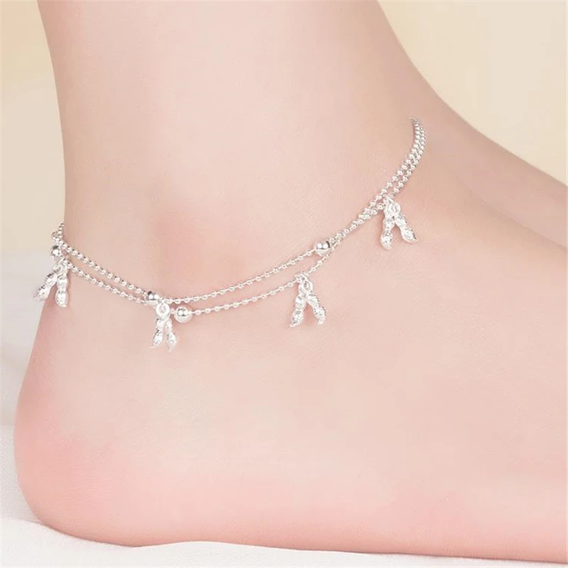 

KOFSAC New Summer 925 Sterling Silver Anklets For Women Cute Peanut Ankles Chain Bracelets Barefoot Sandal Beach Foot Jewelry