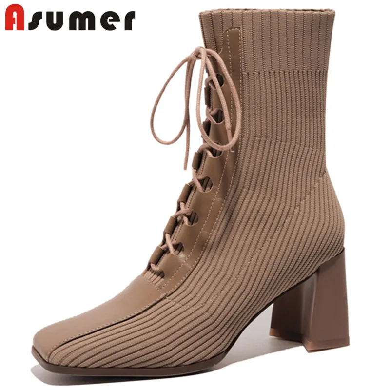 

Asumer 2021 top quality genuine leather knitting stretch boots women thick heel casual party shoes women ankle boots black