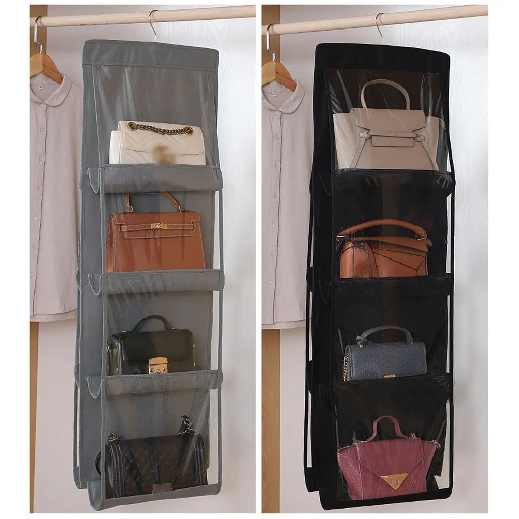6/8Pocket Hanging Handbag Organizer for Wardrobe Closet Transparent Storage Bag Non-woven Holder PVC with Hanger | Дом и сад