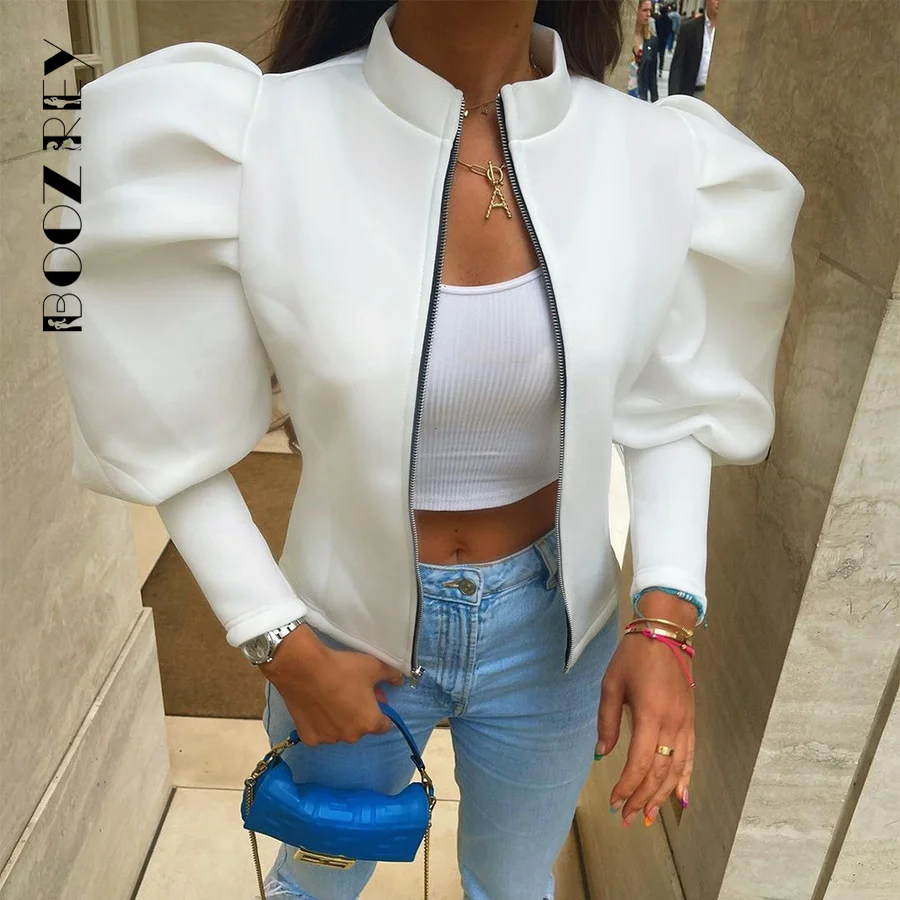 

BoozRey Women Autumn Winter Coat New Products Long Sleeve Top Puff Sleeve Sexy Short Zip Jacket Women Clothing All-match Outfits