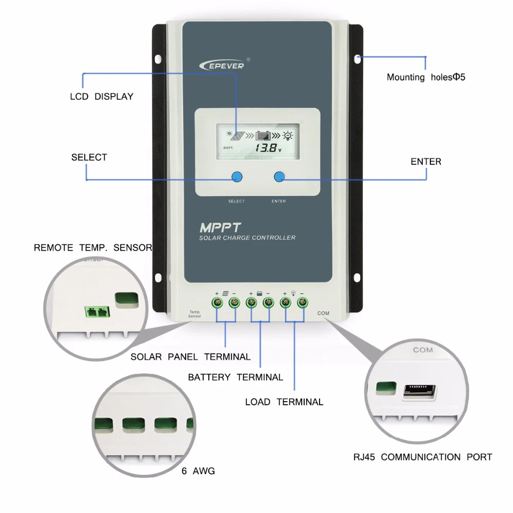Epever MPPT 10A 20A 30A 40A Traner Solar Charge Controller 12V/24V Auto Panel Battery System Regulator With Big LCD | Обустройство