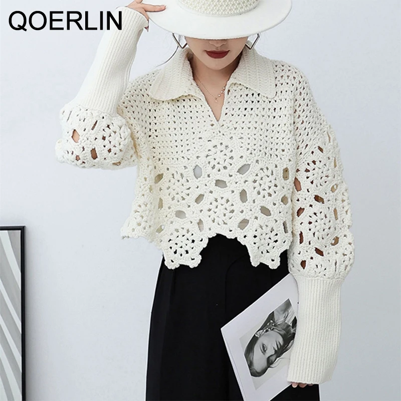 

QOERLIN Solid Lapel Hollow Out Irregular Sweater Long Sleeve Short Sweater Female Oversized Knitted Cropped Tops Lantern Sleeve