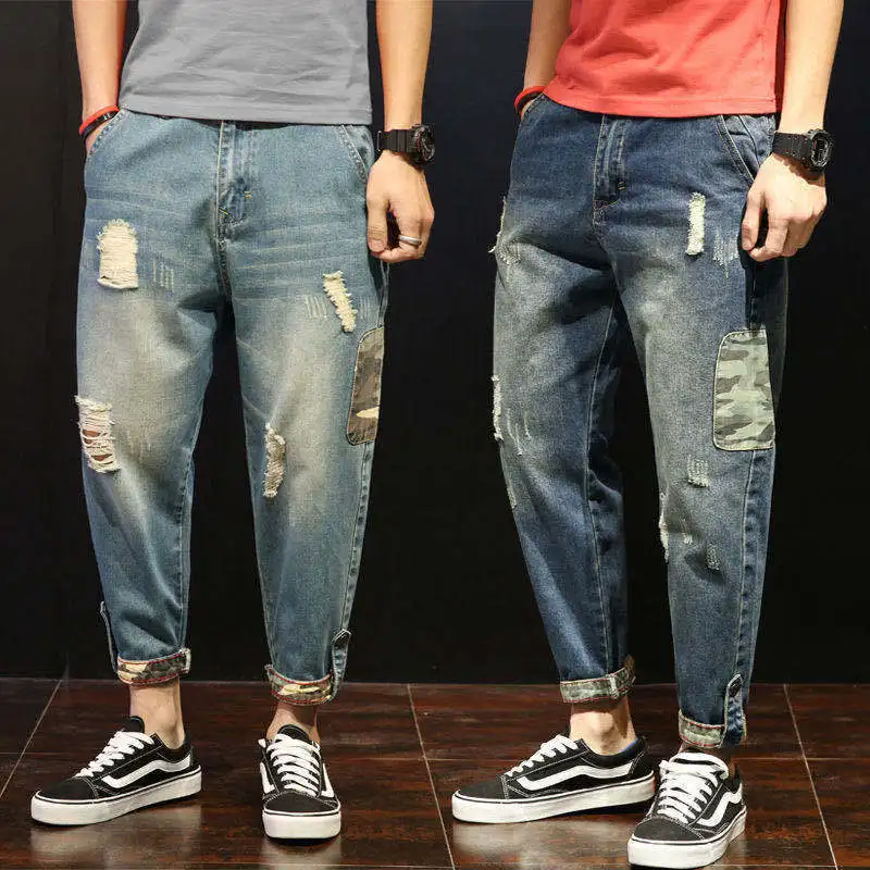 Men's Jeans Summer Thin Large Size Loose Straight Nine-point Pants Ripped Camouflage Long Pants Men Jeans