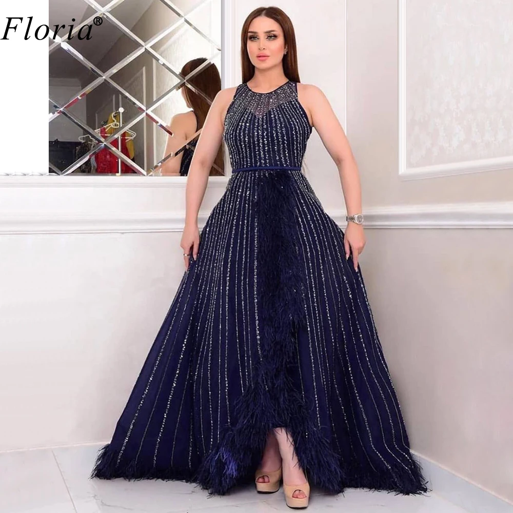 Plus Size Beading Prom Dresses 2020 Sleeveless Sexy Women Party Dresses Evening Wear вечерние платья Feathers Grand Event Gowns