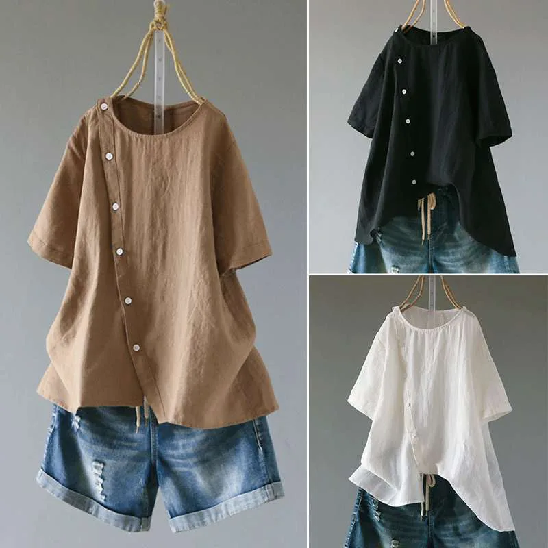 2019 summer new large size cotton and linen women's short-sleeved O-neck button irregular hem blouse |
