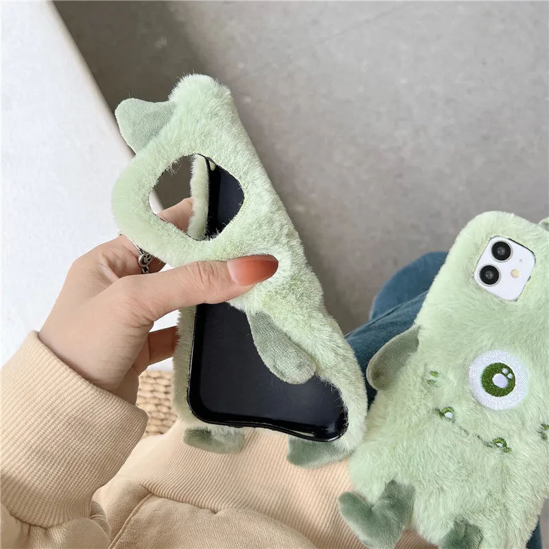 3D Cute Ears Green Little Monster Fur Plush Phone Case For Samsung S21 S20 Note 20 10 A51 A71 A21S A03S A02S A12 A32 A42 A52 A72