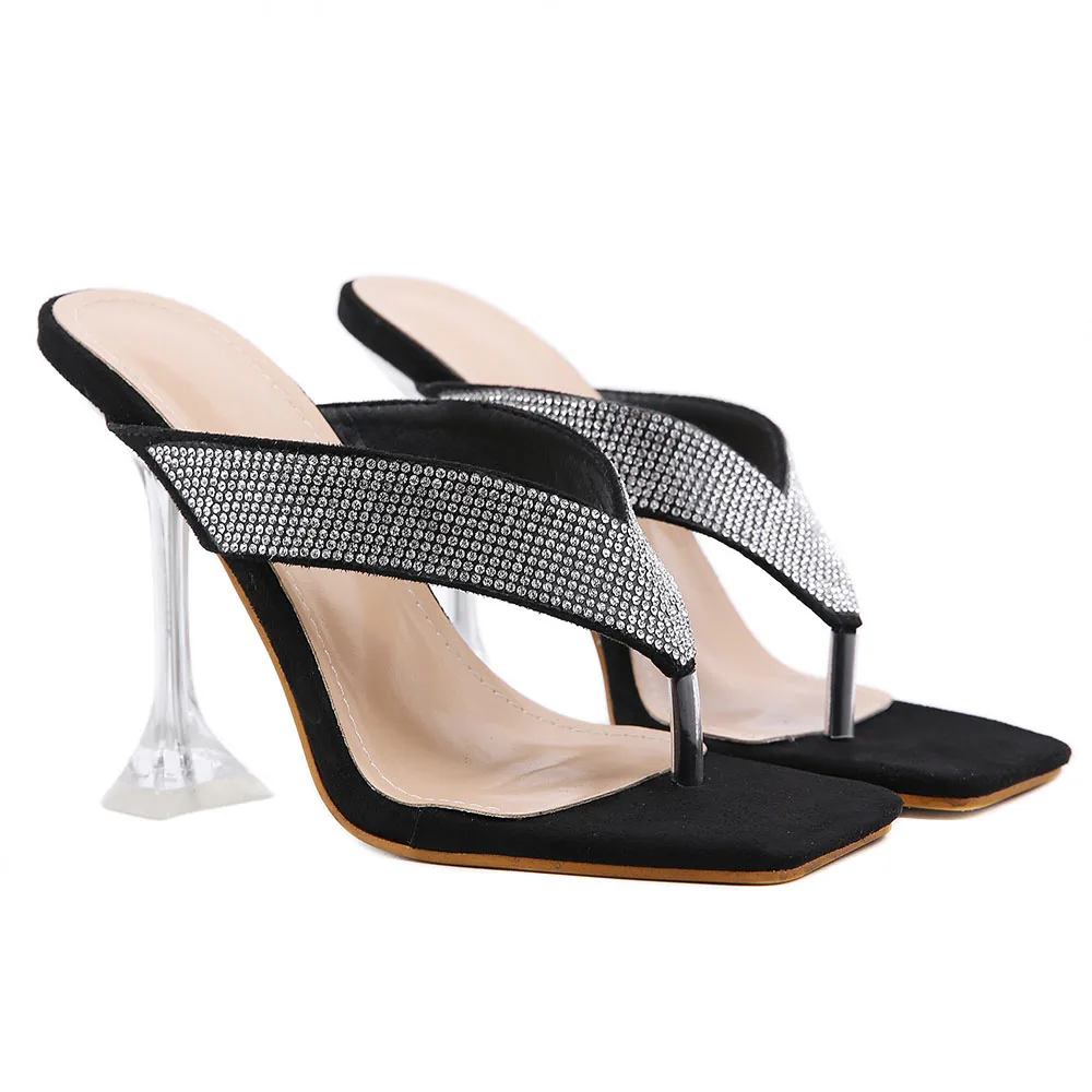 

Sexy Women 12cm High Heel Flip Flops Black Luxury Diamond Female Summer Sandals Party Night Club Plus Size Thin Heel Sandalias