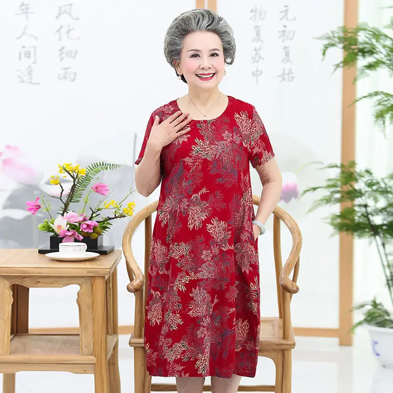

Cotton silk dress new middle-aged and elderly short-sleeved skirt