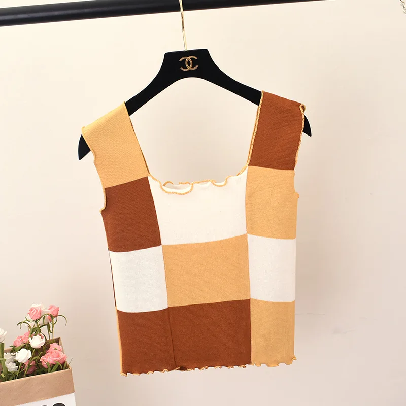 Корейский стиль летний сексуальный топ Клетчатый Ремень Гофрированный Тонкий