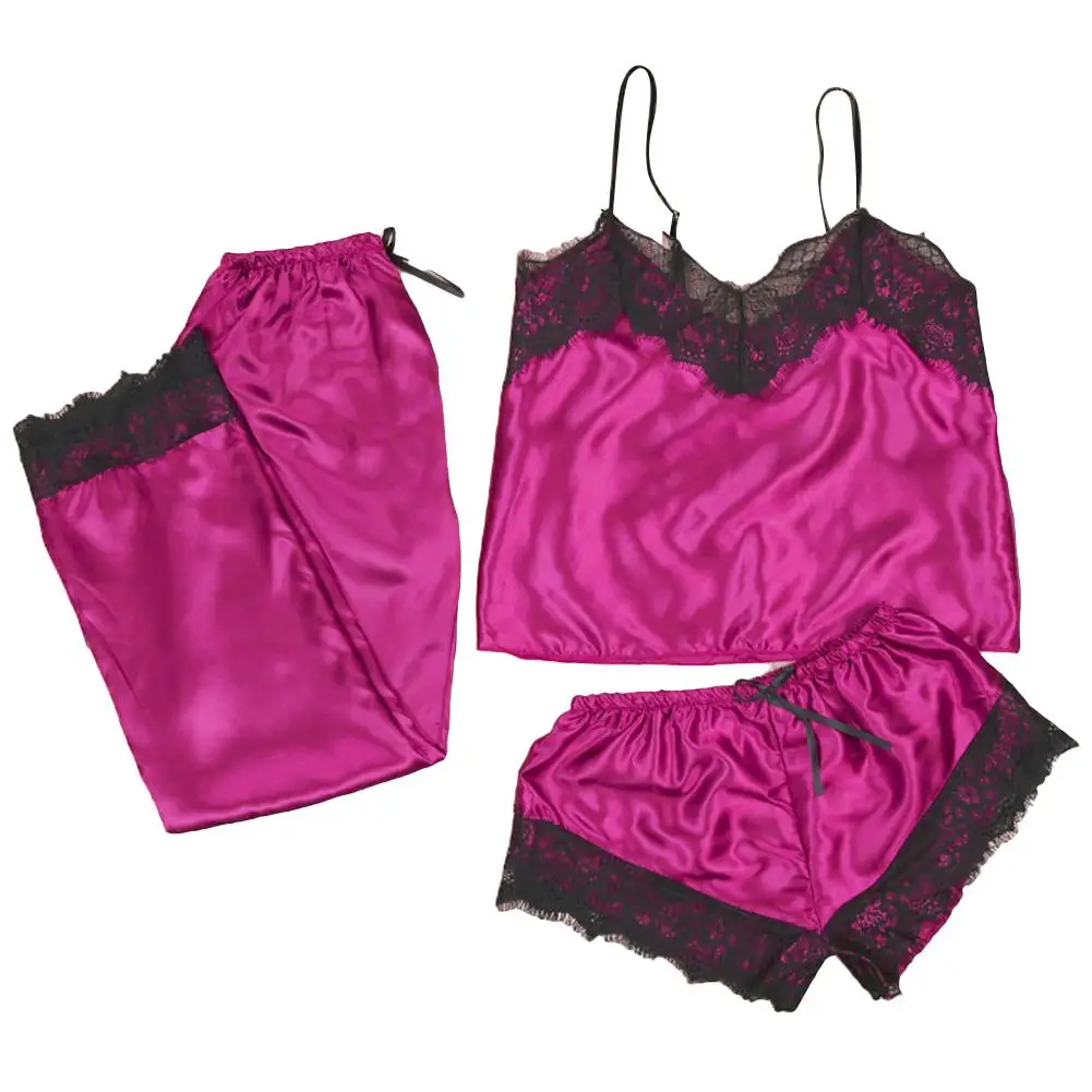 

Women Sexy Lace Patchwork Sleepwear Set Spaghetti Straps Camisole Shorts Pants Pajama Sets