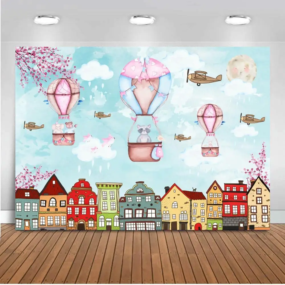 

Hot Air Balloons Elephant Fly Over City Buildings Photo Backgrounds Newborn Baby Shower Girl Birthday Cake Talbe Backdrops Vinyl