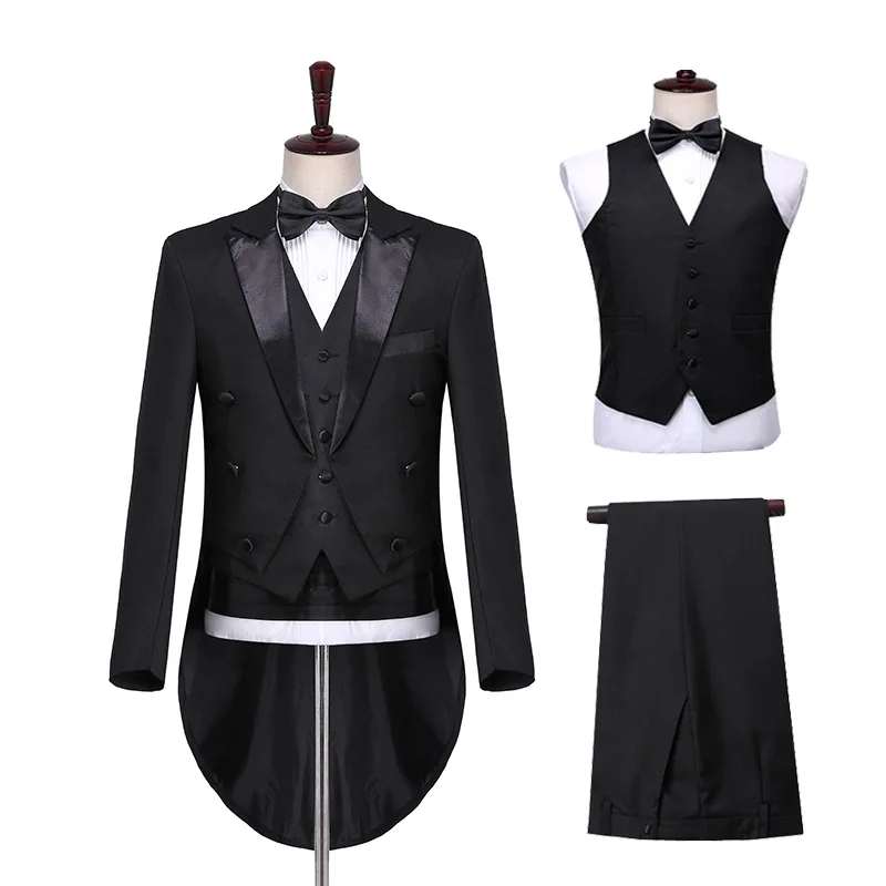 Mens Tuxedo Tails Black White Shiny Tailcoat Dress Coat Swallowtail Dinner Party Wedding Blazer Suits Jacket Magic Singer Stage