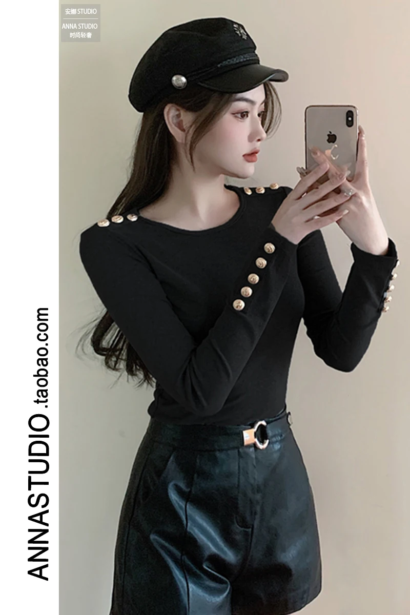 

2021 New Spring Pure Black Bottoming Shirt with Western Style Female Round Neck Slim Top Cotton T-shirt Long Sleeves