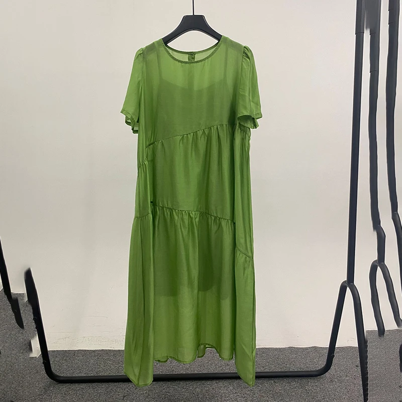 

IEQJ Women Black Elegant Casual Pleated Ruffles T-shirt Dress New O-neck Short Sleeve Loose Fit Fashion Tide Summer 2021 3F1018