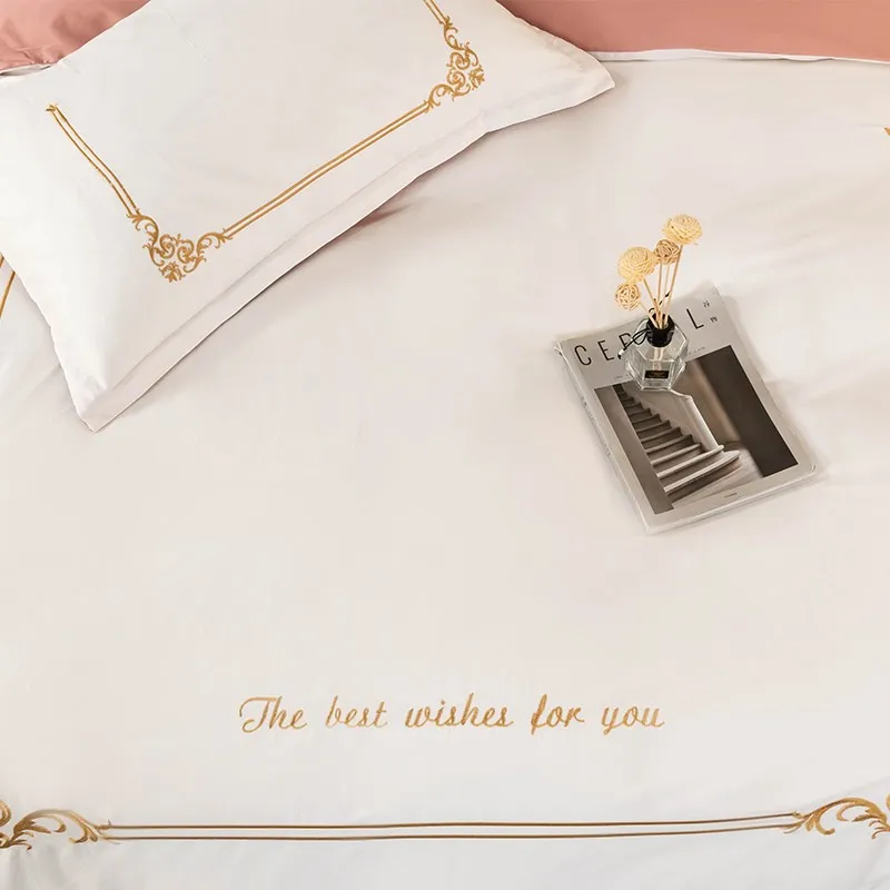 

Soft Duvet Cover Set King Queen Twin size 100% Cotton Elegant Embroidered Best wishes Bedding set Bed Sheet and Pillowcases